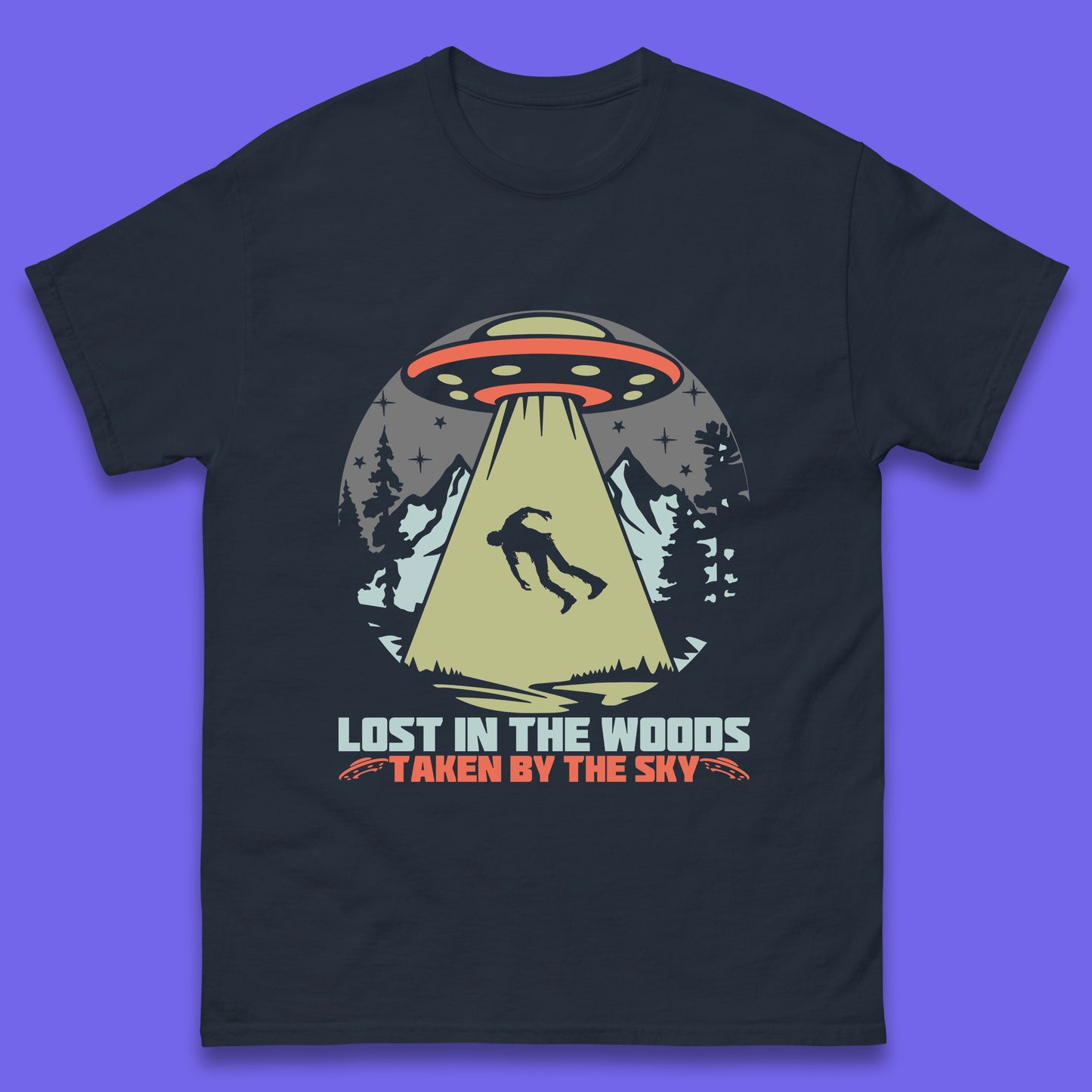 Lost In The Woods Taken By Sky Bigfoot Funny Sasquatch Getting Abducted By Aliens Camping Mens Tee Top