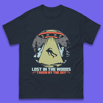 Lost In The Woods Taken By Sky Bigfoot Funny Sasquatch Getting Abducted By Aliens Camping Mens Tee Top