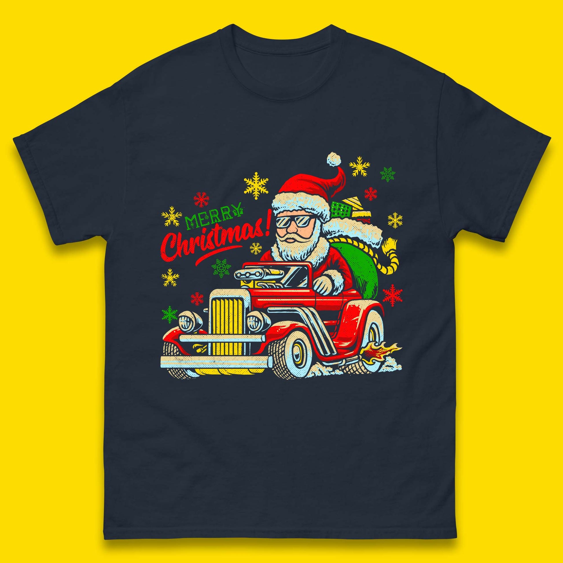 santa drives a hot rod car t shirt