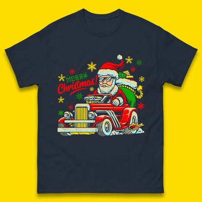 santa drives a hot rod car t shirt