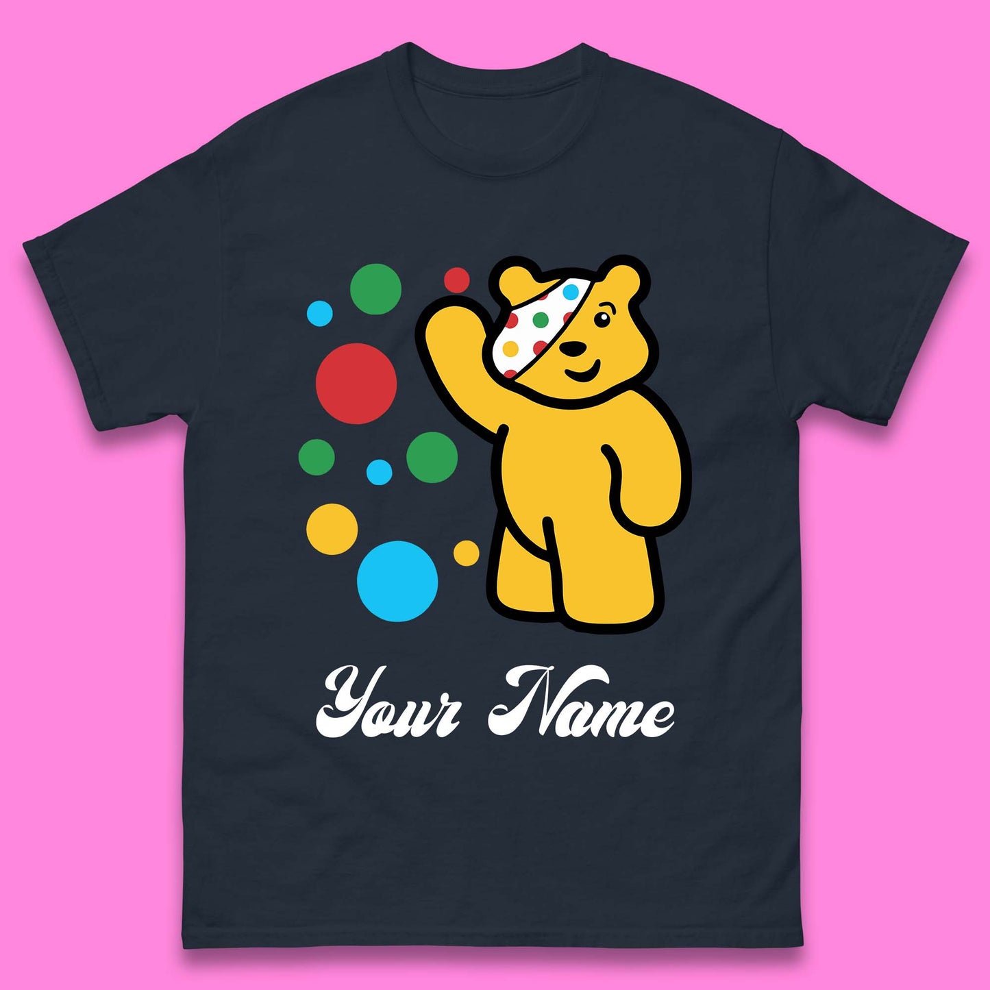 Personalised Spotty Pudsey Bear Hand Waving Dotty Spot Your Name Fundraising Spotty Bear Spotty Day Mens Tee Top