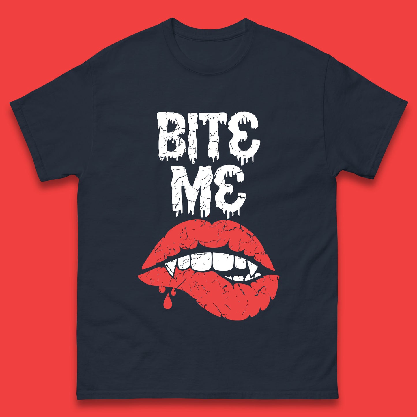 Bite Me Vampire Fangs Halloween Horror Lips Halloween Spooky Party Costume Mens Tee Top