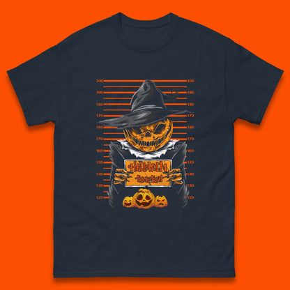 Halloween Trick Or Treat Scarecrow Mugshot Pumpkin Head Witch Hat Horror Scary Mens Tee Top
