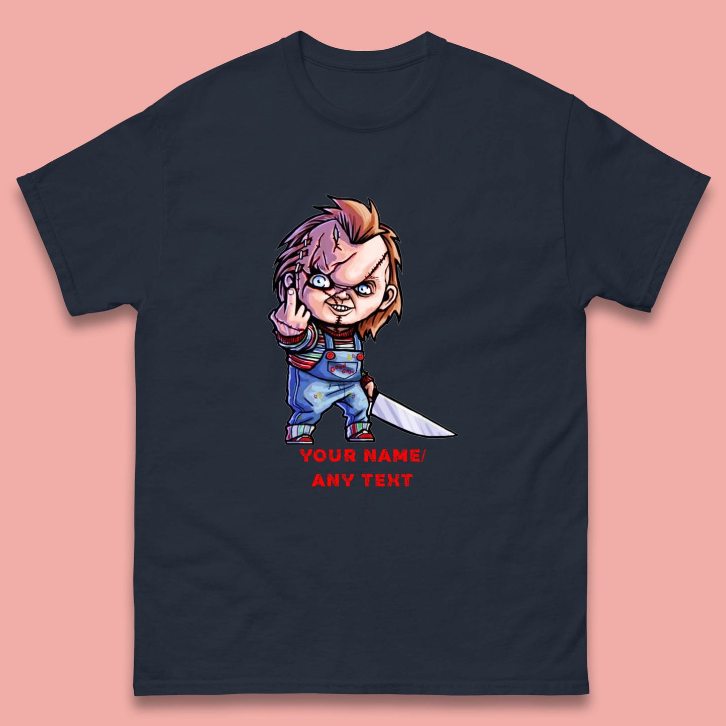 Personalised Chucky With Knife Your Name Or Text Halloween Horror Movie Character Mens Tee Top