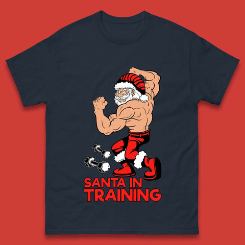 Santa In Traning Christmas Gym Body Builder Santa Claus Fitness Training Xmas Gymmer Work Out Mens Tee Top