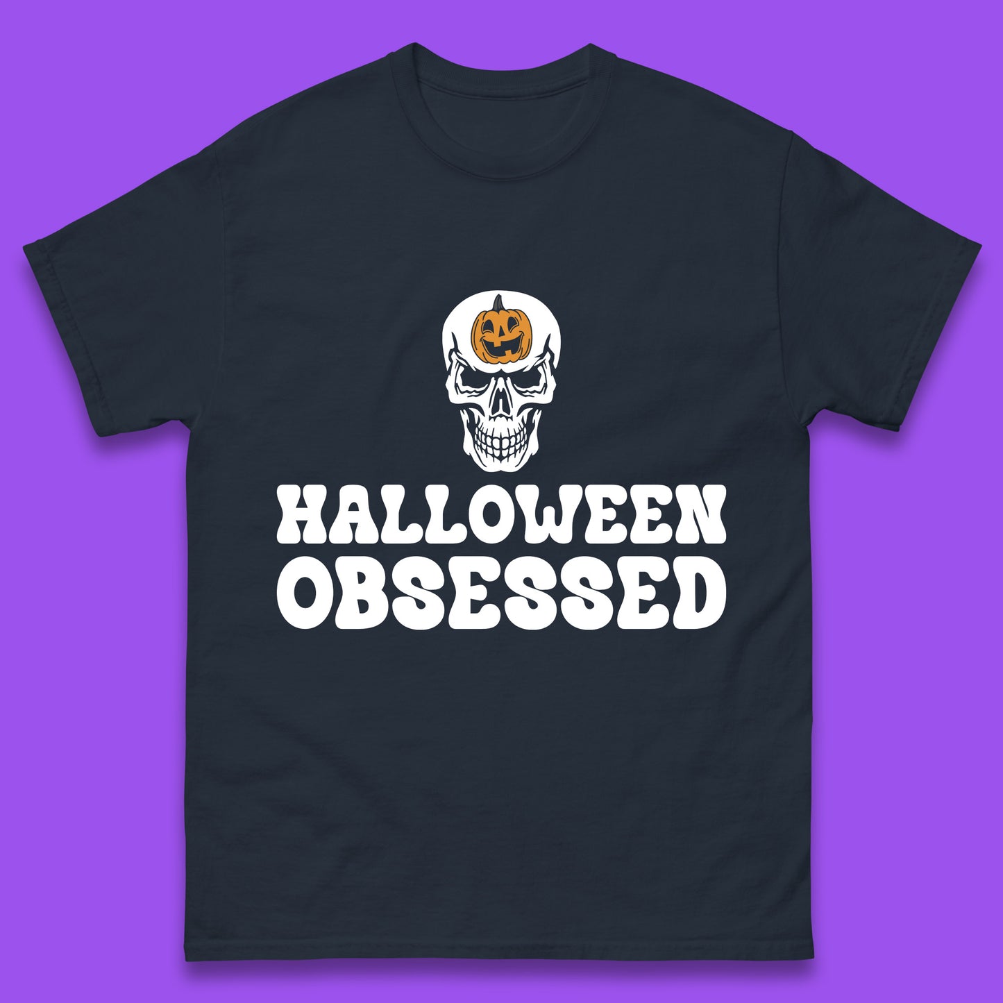 Skull Pumpkin Halloween Obsessed Funny Pumpkin Obsessed Party Spooky Season Mens Tee Top