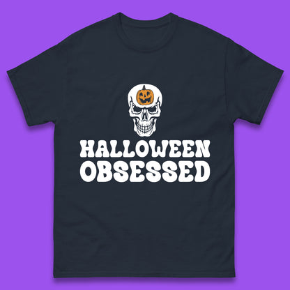 Skull Pumpkin Halloween Obsessed Funny Pumpkin Obsessed Party Spooky Season Mens Tee Top