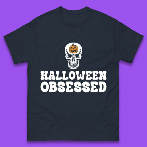 Skull Pumpkin Halloween Obsessed Funny Pumpkin Obsessed Party Spooky Season Mens Tee Top