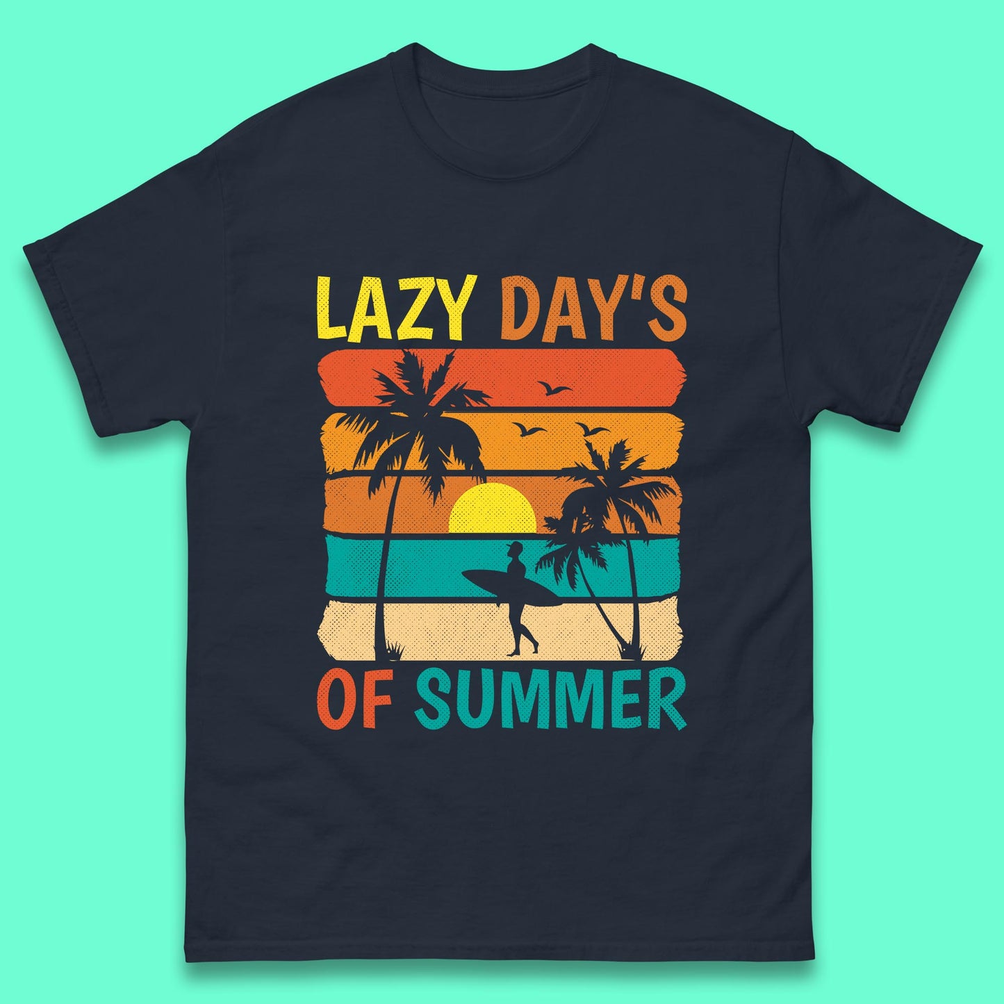 Lazy Days Of Summer Vintage Retro Sunset Surfer Beach Palm Trees Mens Tee Top