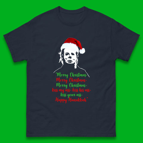 Michael Myers Merry Christmas Kiss My Ass, Kiss His Ass, Kiss Your Ass, Happy Hanukkah Funny Sarcastic Xmas Horror Movie Character Mens Tee Top