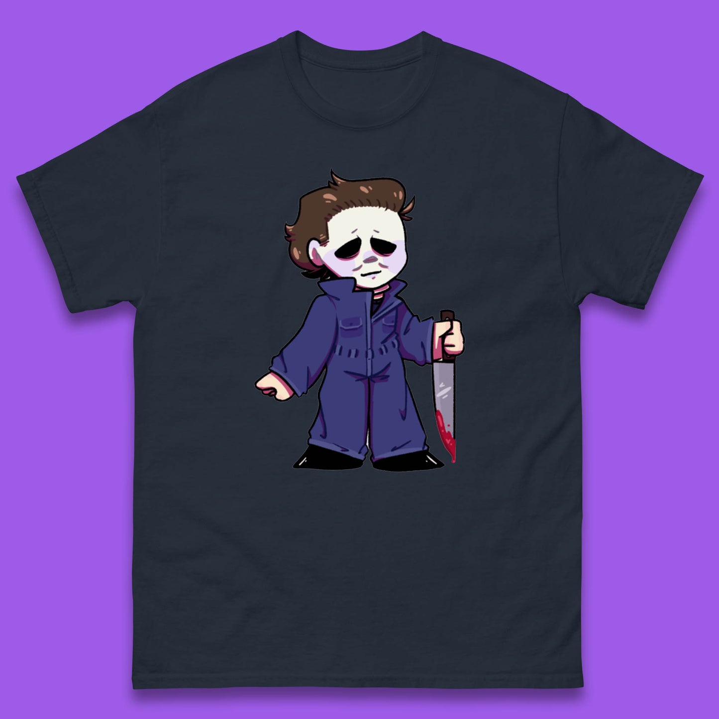 Chibi Michael Myers Holding Bloody Knife Halloween Serial Killer Horror Movie Character Mens Tee Top