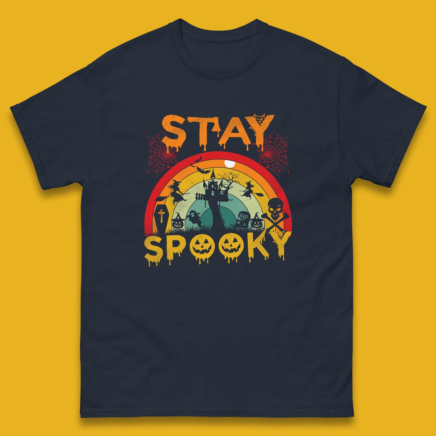 Stay Spooky Vintage Halloween Hunted House Dark Night Full Moon And Flying Bats Mens Tee Top