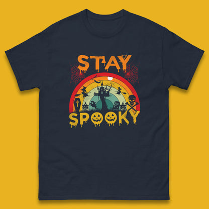 Stay Spooky Vintage Halloween Hunted House Dark Night Full Moon And Flying Bats Mens Tee Top