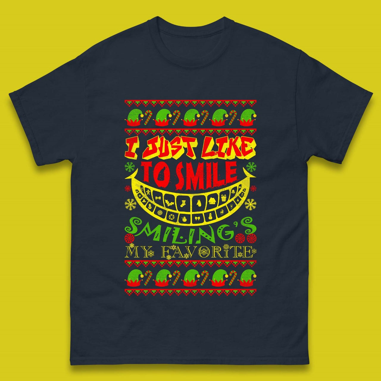I Just Like To Smile Smiling's My Favorite Christmas Elf Xmas Mens Tee Top