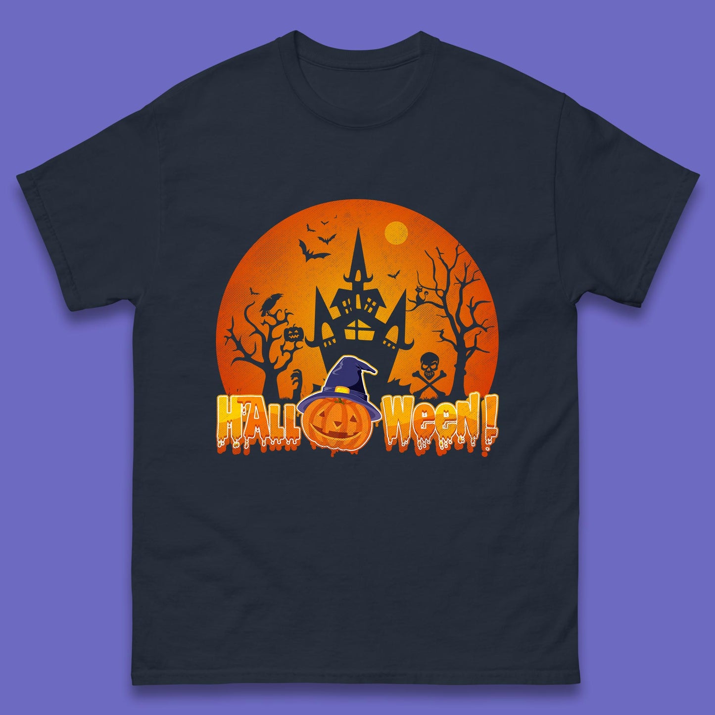 Halloween Pumpkin Witch Hat Haunted Castle Flying Bats Skull Bones Scary Dark Night Mens Tee Top