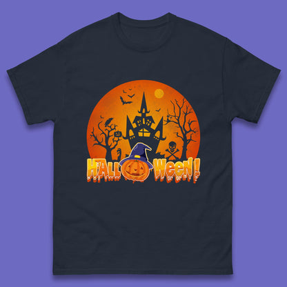 Halloween Pumpkin Witch Hat Haunted Castle Flying Bats Skull Bones Scary Dark Night Mens Tee Top
