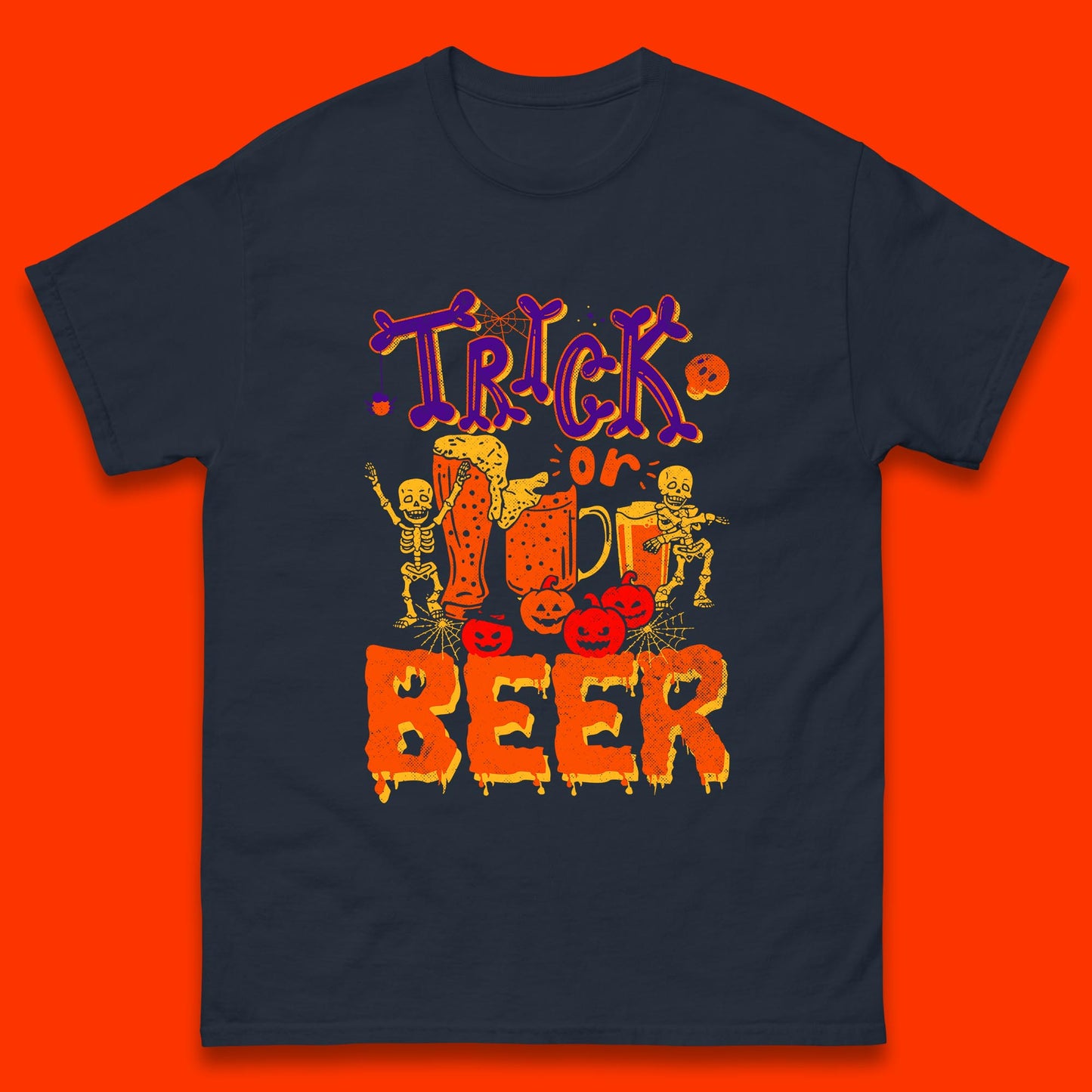 Trick Or Beer Halloween Drinking Beer Lover Dancing Skeleton Drinker Halloween Party Mens Tee Top