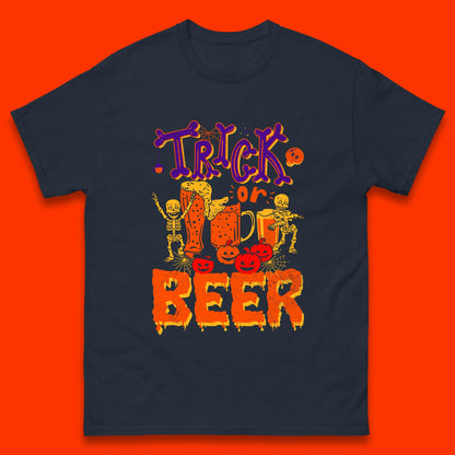 Trick Or Beer Halloween Drinking Beer Lover Dancing Skeleton Drinker Halloween Party Mens Tee Top