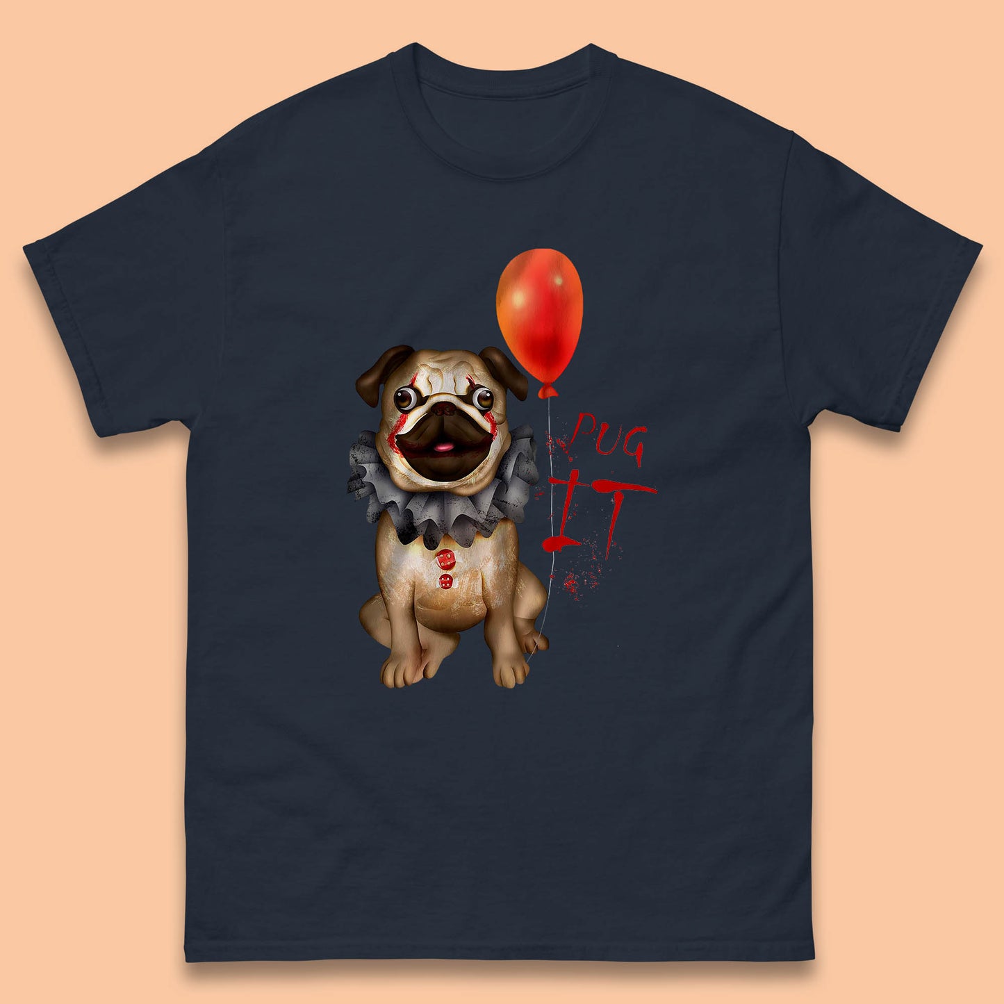 Pug IT Pennywise Clown Dog Spoof Halloween Pug Dog Costume Horror Movie Serial Killer Mens Tee Top