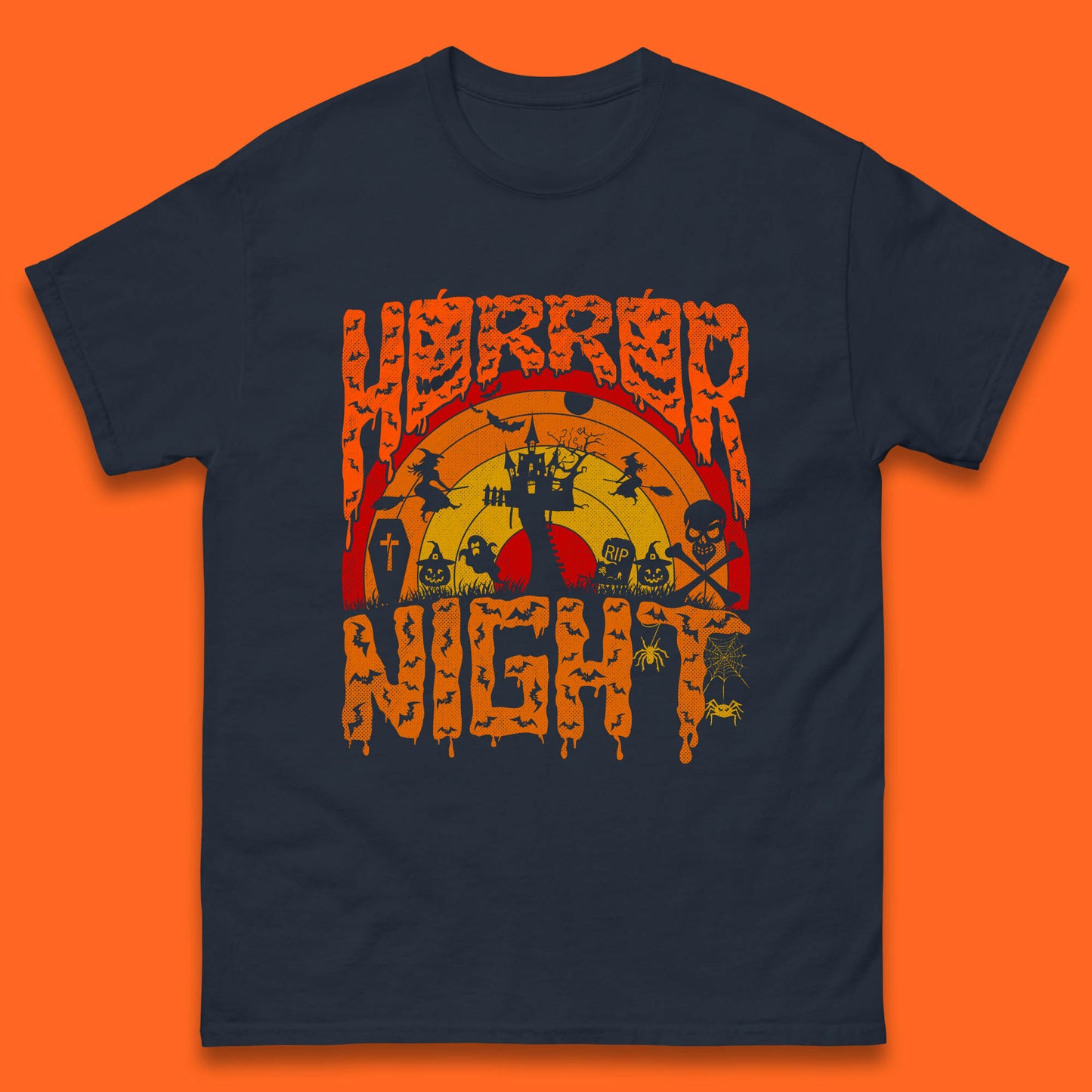 Halloween Horror Night Vintage Rainbow Flying witches Scary Boo Spooky Festive Night Mens Tee Top