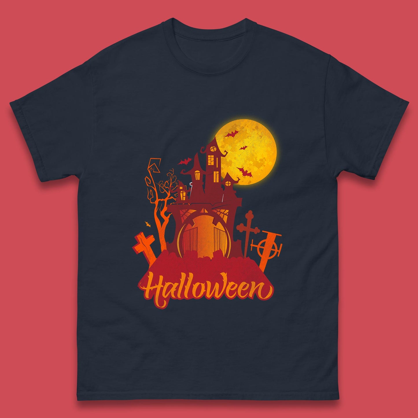 Halloween Lettering With Full Moon Scary Haunted House Flying Bats Horror Graveyard Mens Tee Top