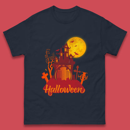 Halloween Lettering With Full Moon Scary Haunted House Flying Bats Horror Graveyard Mens Tee Top