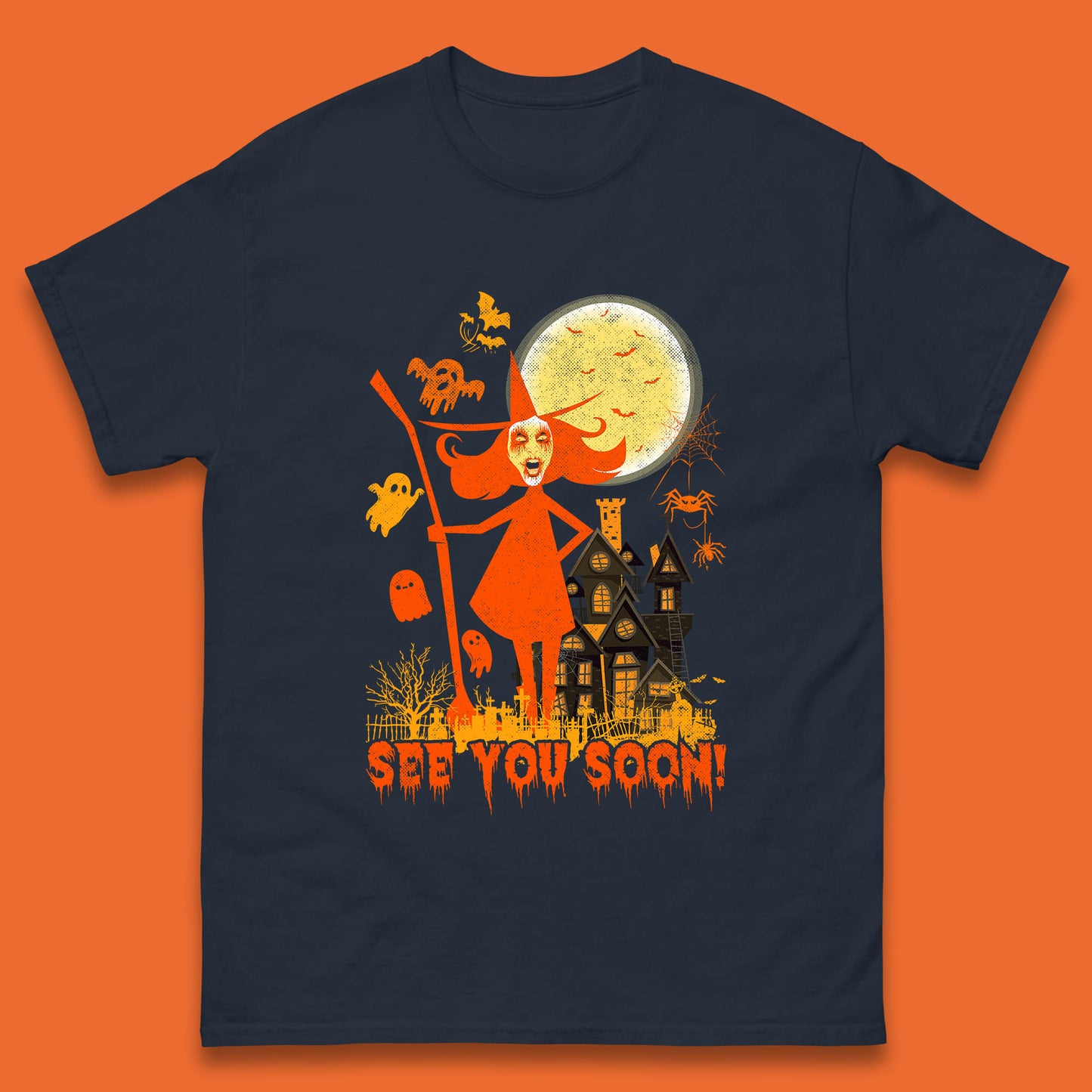 See You Soon Halloween Witch With Broom Horror Scary Haunted House Mens Tee Top