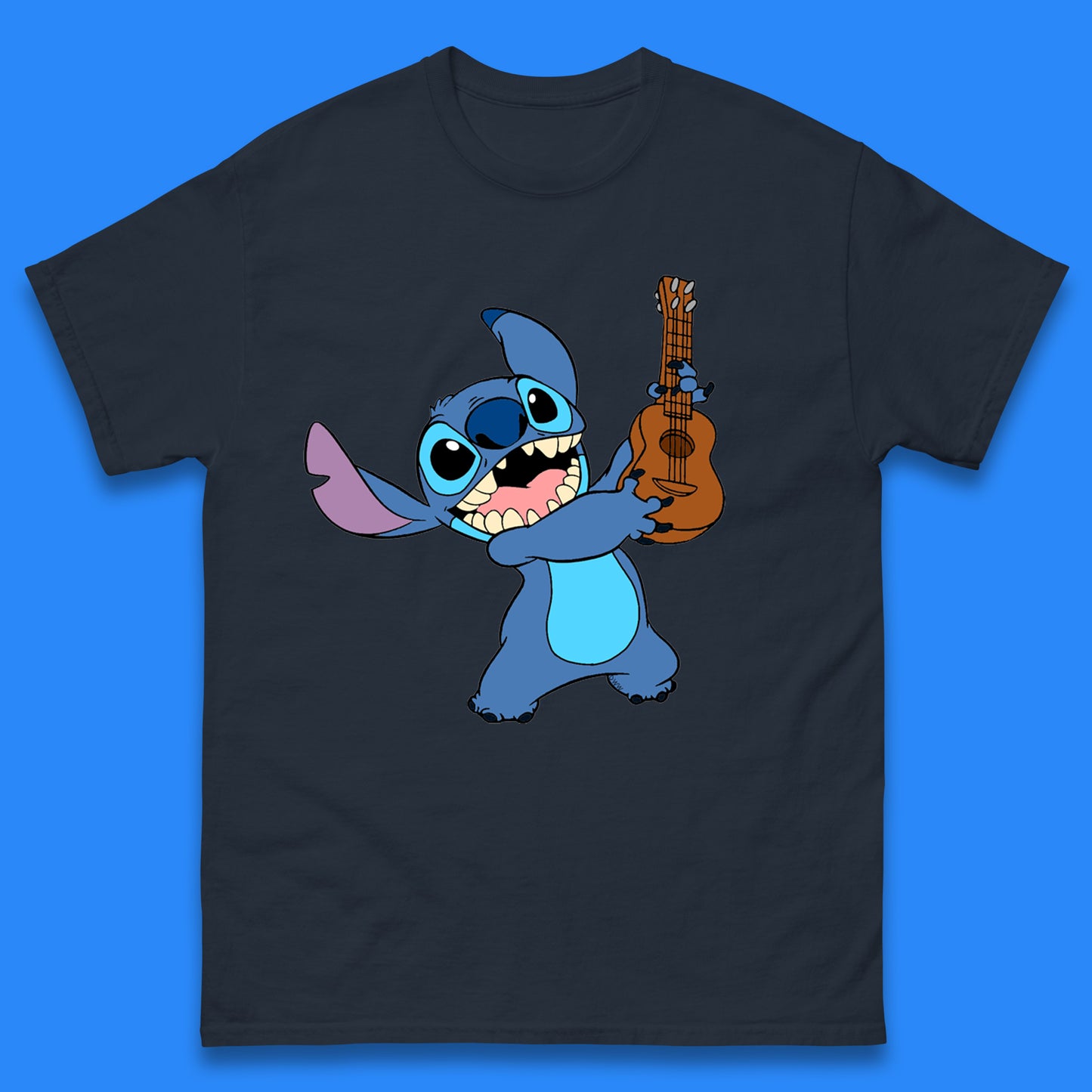 Disney Ohana Playing The Guitar Ohana Lilo & Stitich In Happy Mood Cartoon Character Disney World Mens Tee Top