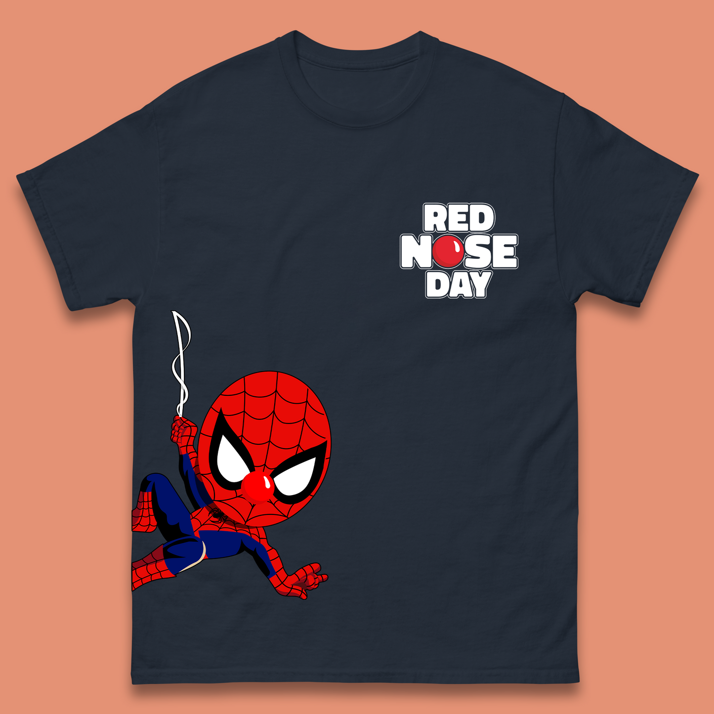 Spider Man Peeking Red Nose Day Mens T-Shirt