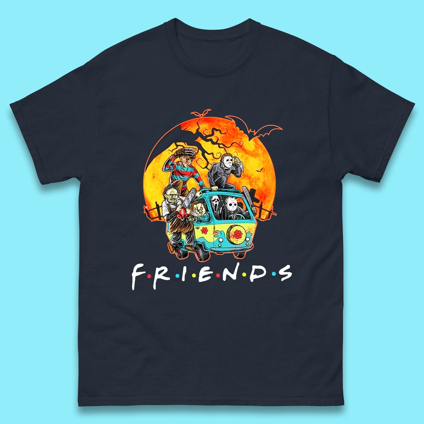 Friends Van Halloween Scooby Doo Mystery Machine Horror Movie Villians Characters Mens Tee Top