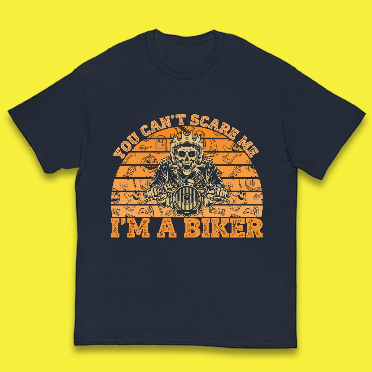 You Can't Scare Me I'm A Biker Halloween Skeleton Riding Motorcycle Vintage Biker Skull Kids T Shirt