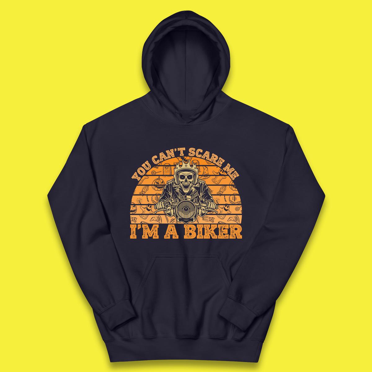 You Can't Scare Me I'm A Biker Halloween Skeleton Riding Motorcycle Vintage Biker Skull Kids Hoodie