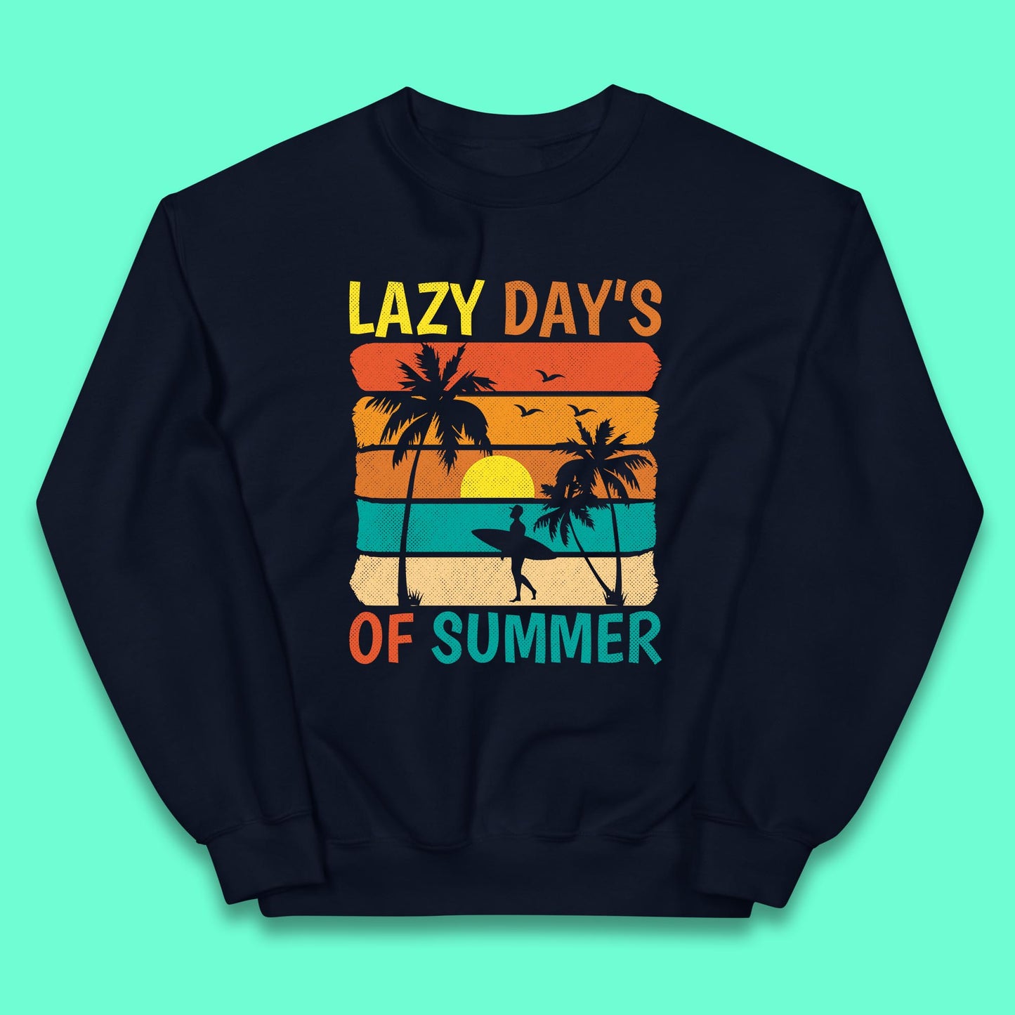 Lazy Days Of Summer Vintage Retro Sunset Surfer Beach Palm Trees Kids Jumper