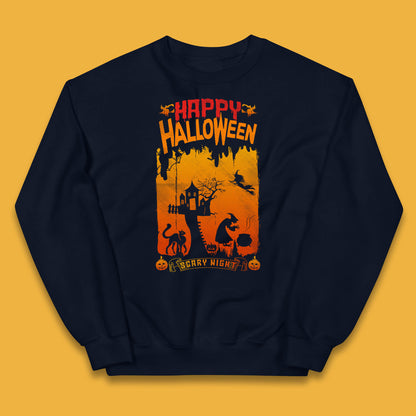 Happy Halloween Horror Hunted House Flying Witch Scary Spooky Night Kids Jumper