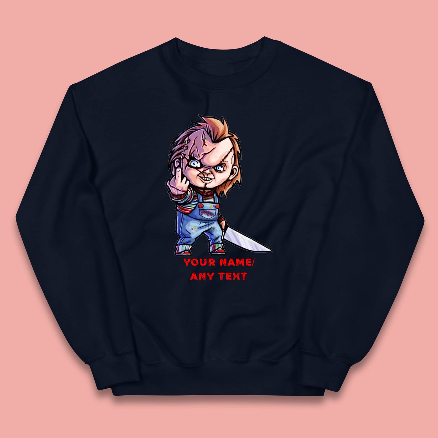 Personalised Chucky With Knife Your Name Or Text Halloween Horror Movie Character Kids Jumper
