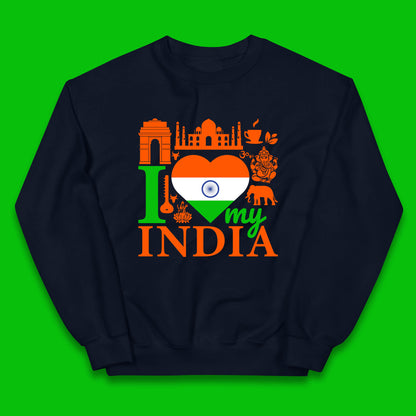 I Love My India Patriotic Indian Flag 15th August Independence Day Kids Jumper