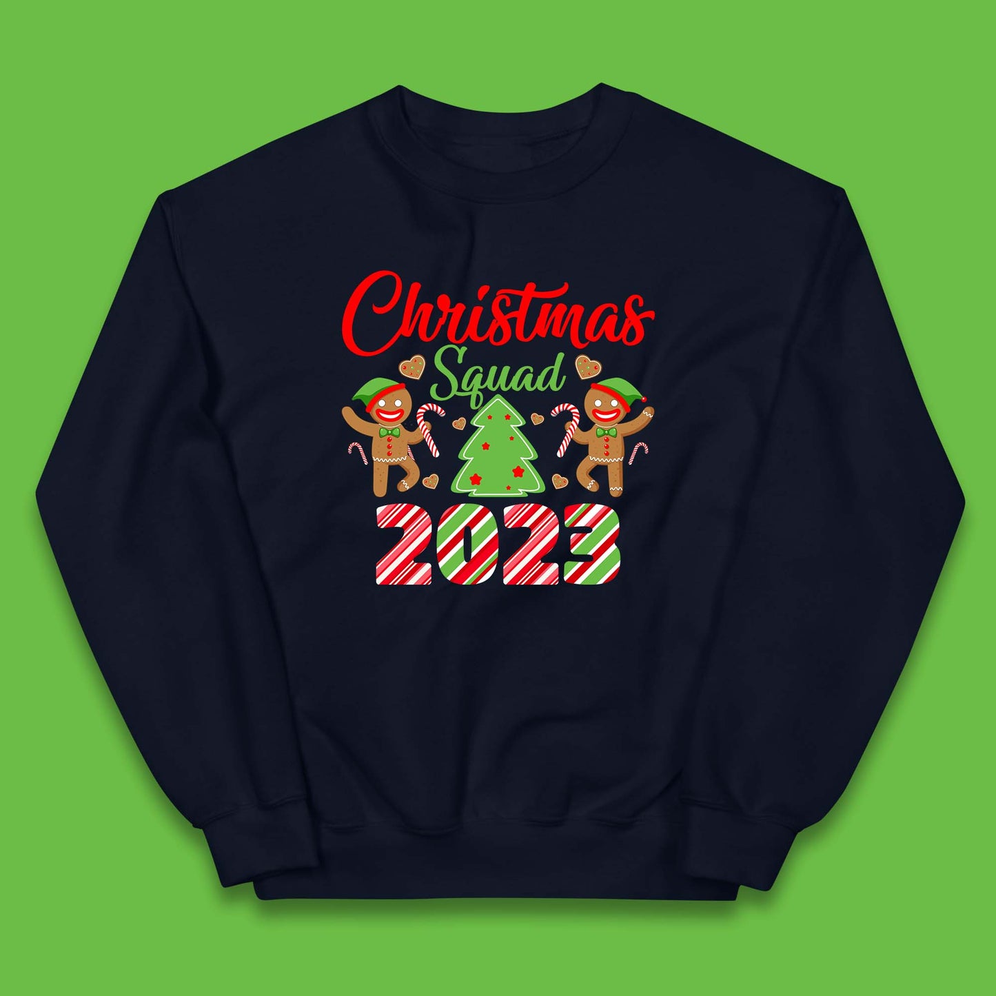 Christmas Squad 2023 Christmas Tree Xmas Gingerbread Man with Candy Cane Kids Jumper