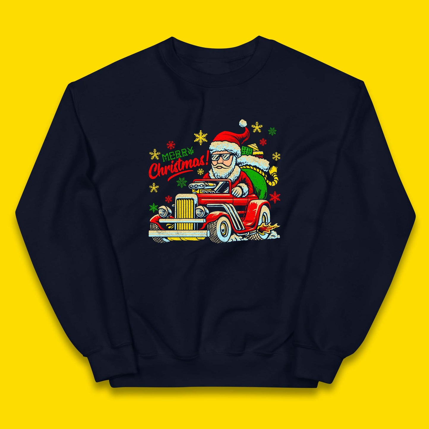 santa drives a hot rod car kids jumper