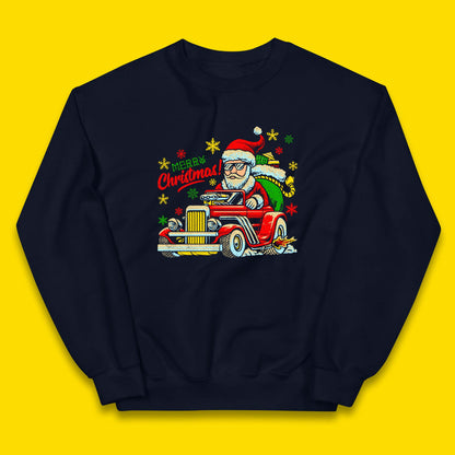 santa drives a hot rod car kids jumper