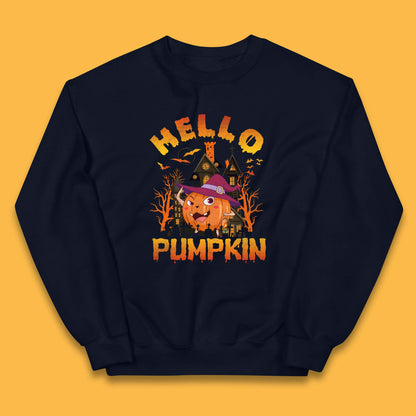 Hello Pumpkin Cartoon Halloween Pumpkin With Witch Hat Devil Smile Haunted Castle Kids Jumper