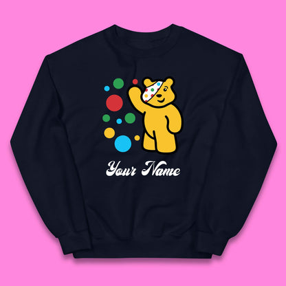 Personalised Spotty Pudsey Bear Hand Waving Dotty Spot Your Name Fundraising Spotty Bear Spotty Day Kids Jumper