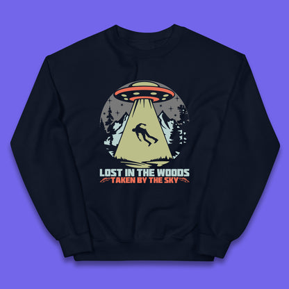 Lost In The Woods Taken By Sky Bigfoot Funny Sasquatch Getting Abducted By Aliens Camping Kids Jumper