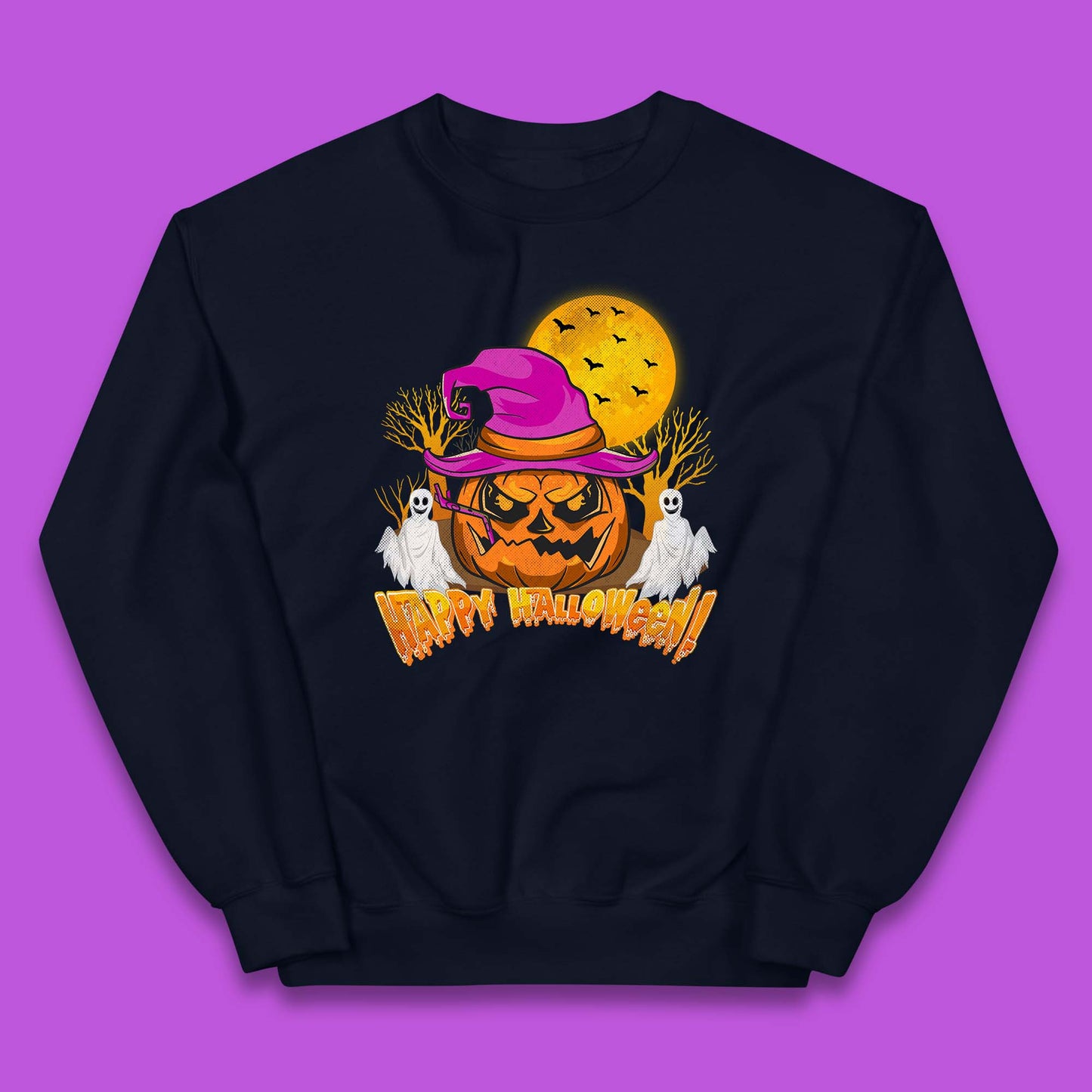 Happy Halloween Pumpkin Witch Hat Jack-o'-lantern With Full Moon Flying Bats Horror Scary Boo Ghost Kids Jumper