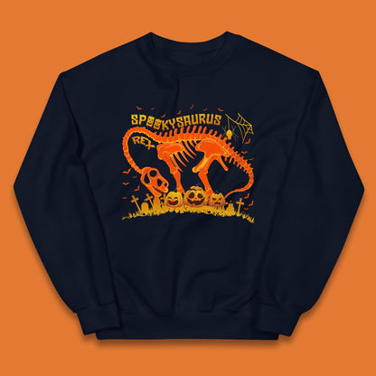 Spooky Saurus Rex Halloween Dinosaur T-Rex Skeleton With Scary Pumpkins Kids Jumper