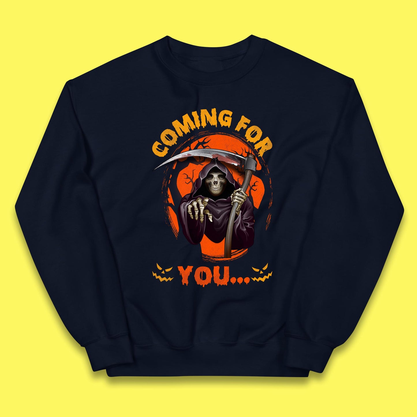 Coming For You Grim Reaper Halloween Skeleton With Scythe Halloween Ghost Kids Jumper