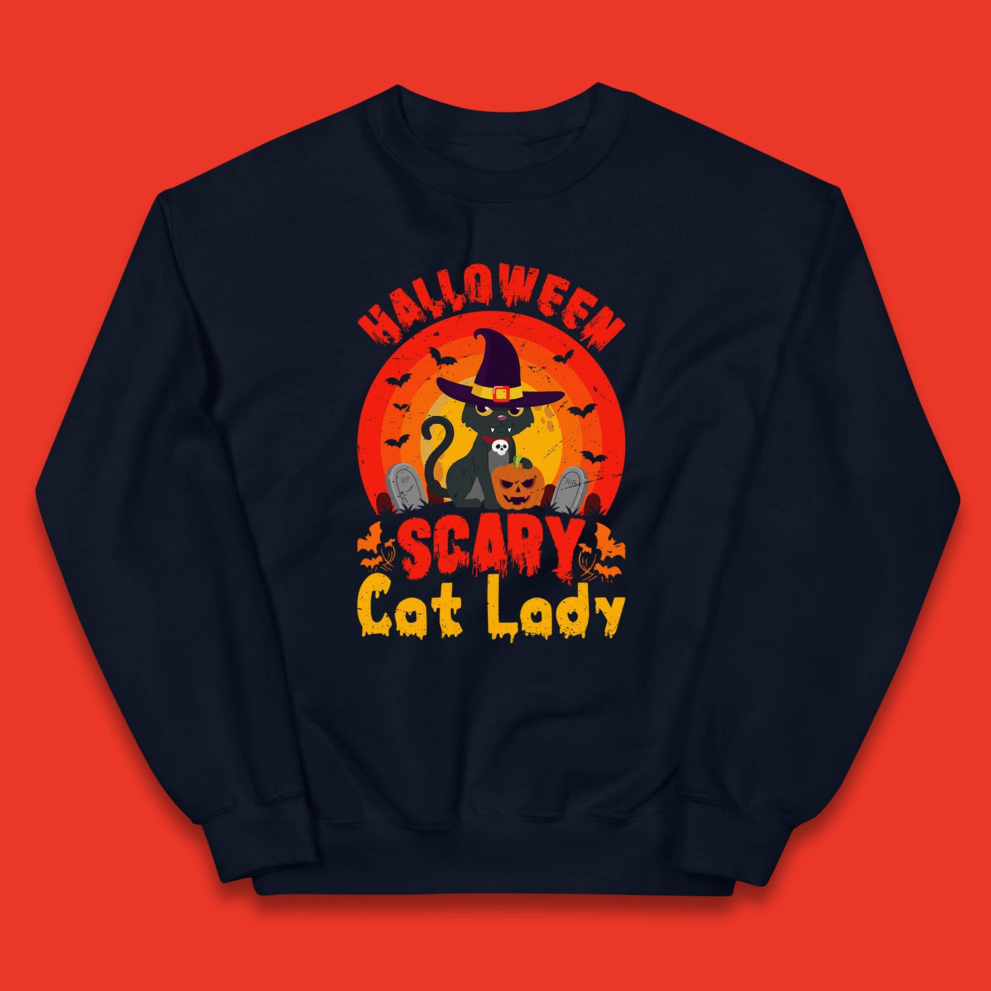 Halloween Scary Cat Lady Horror Spooky Witch Black Cat Lover Kids Jumper