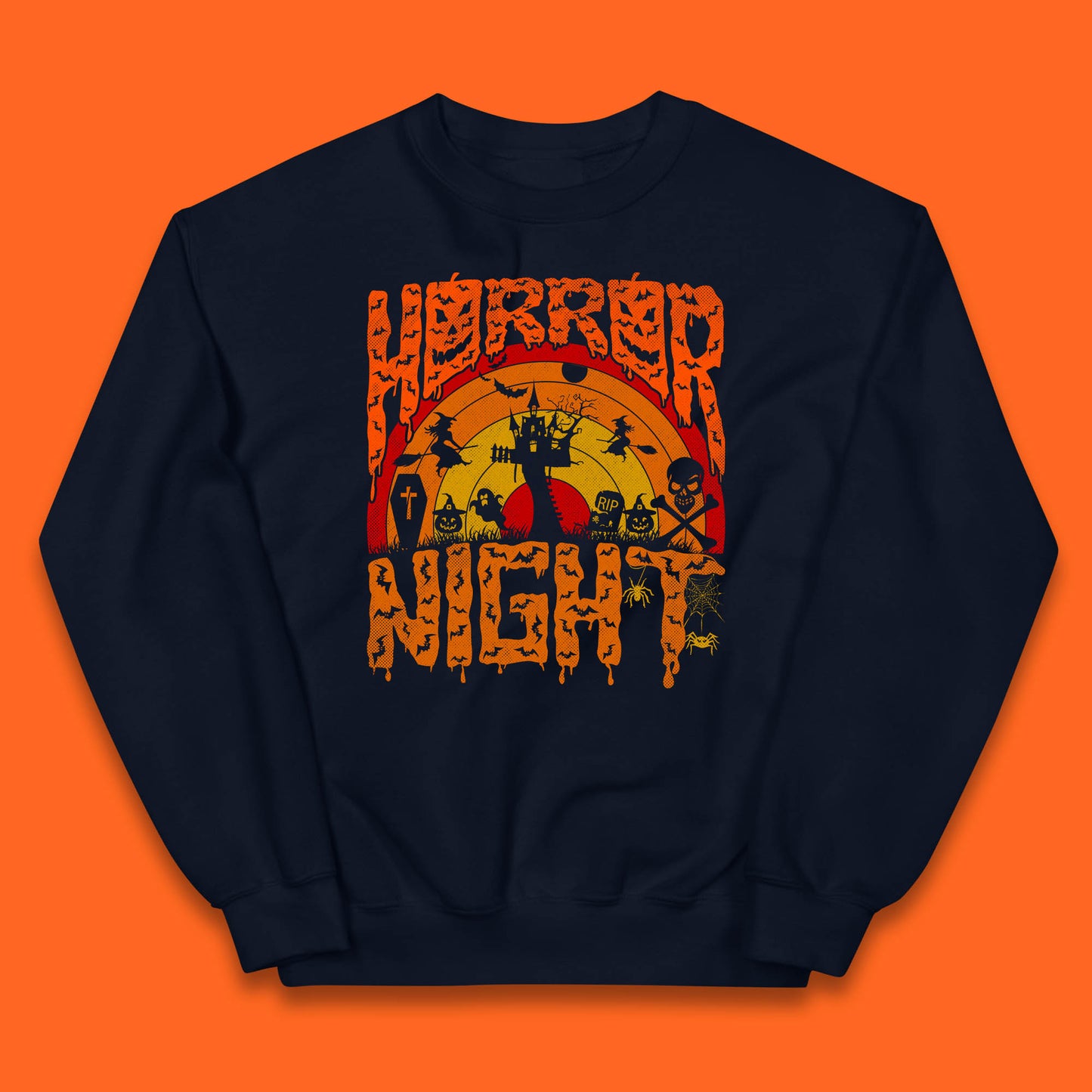 Halloween Horror Night Vintage Rainbow Flying witches Scary Boo Spooky Festive Night Kids Jumper