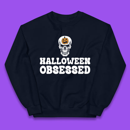 Skull Pumpkin Halloween Obsessed Funny Pumpkin Obsessed Party Spooky Season Kids Jumper