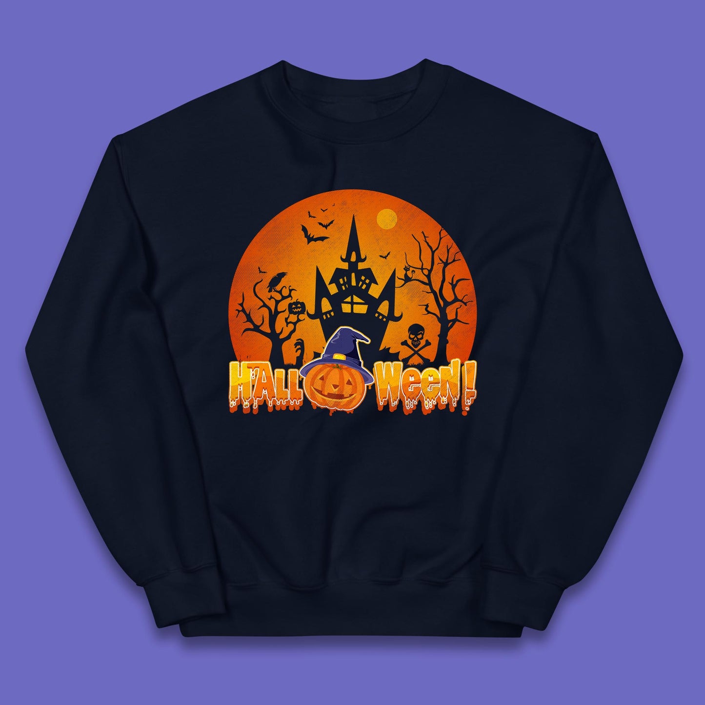 Halloween Pumpkin Witch Hat Haunted Castle Flying Bats Skull Bones Scary Dark Night Kids Jumper