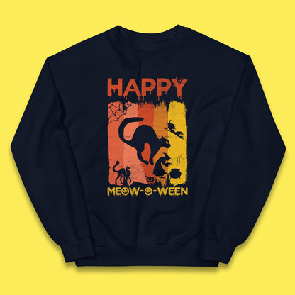 Happy Meow-O-ween Funny Halloween Black Cat Scary Spooky Kids Jumper